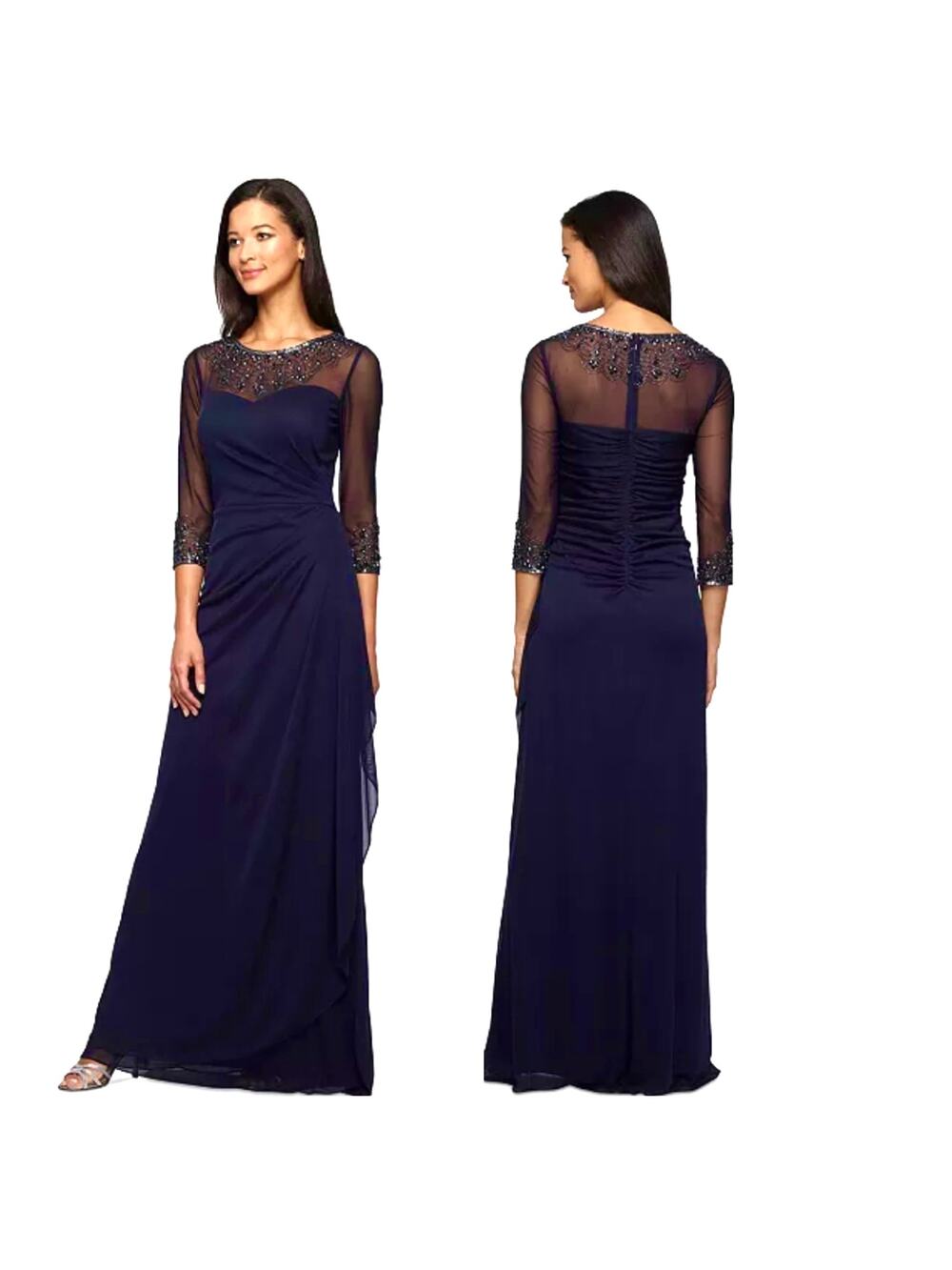Alex Evenings Gown illusion embellished A-line size 18 NWT Dark Navy